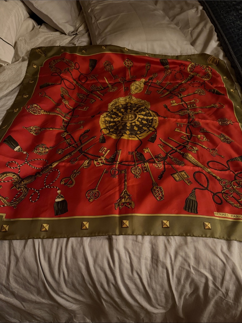 Hermes Red and Olive Keywheel Silk Scarf
